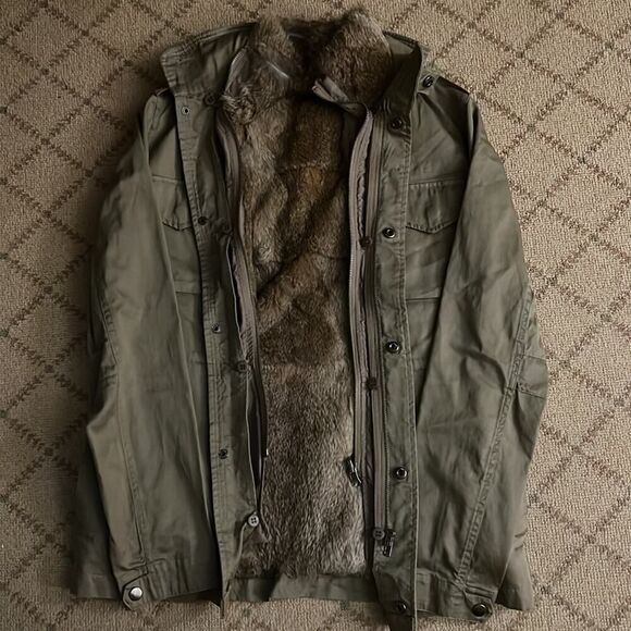 La Rok Luxe Army Green Safari Jacket w removable rabbit fur vest lining NWOT XS - Picture 4 of 10